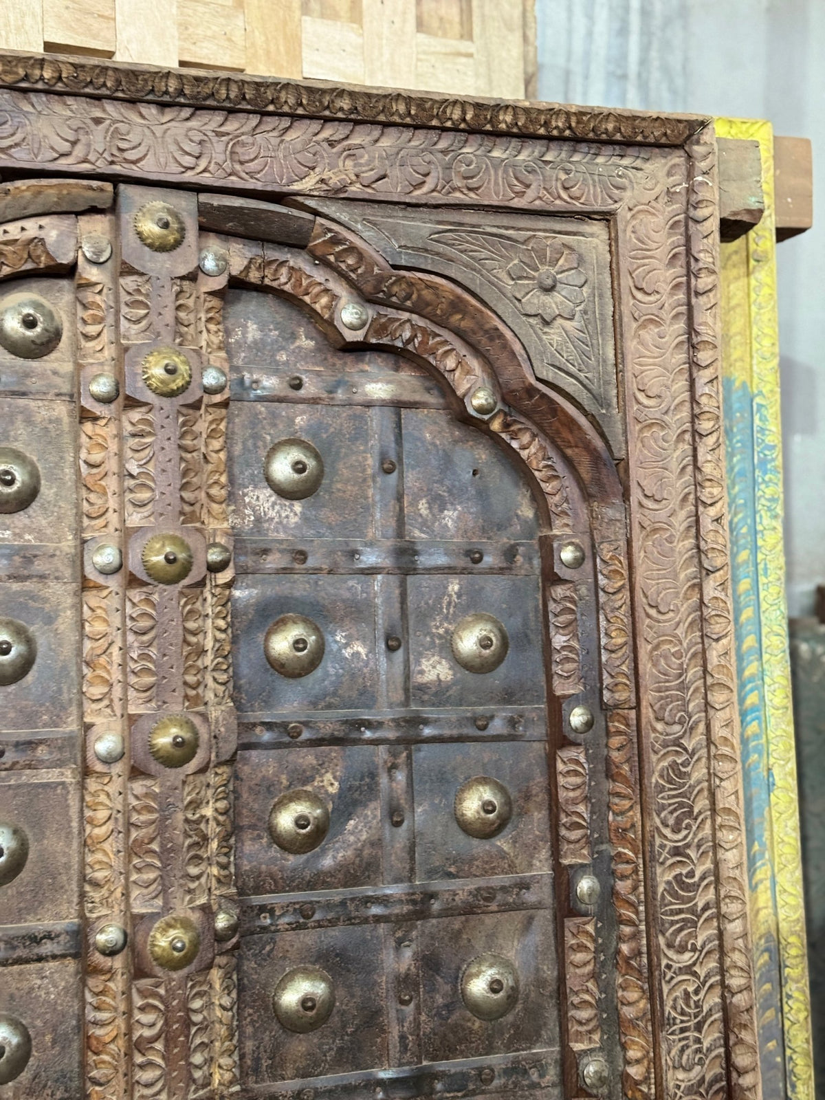 Rudra Hand-Carved Studded Wooden Door Panel with Jali Base - DOBRI ARTS AU