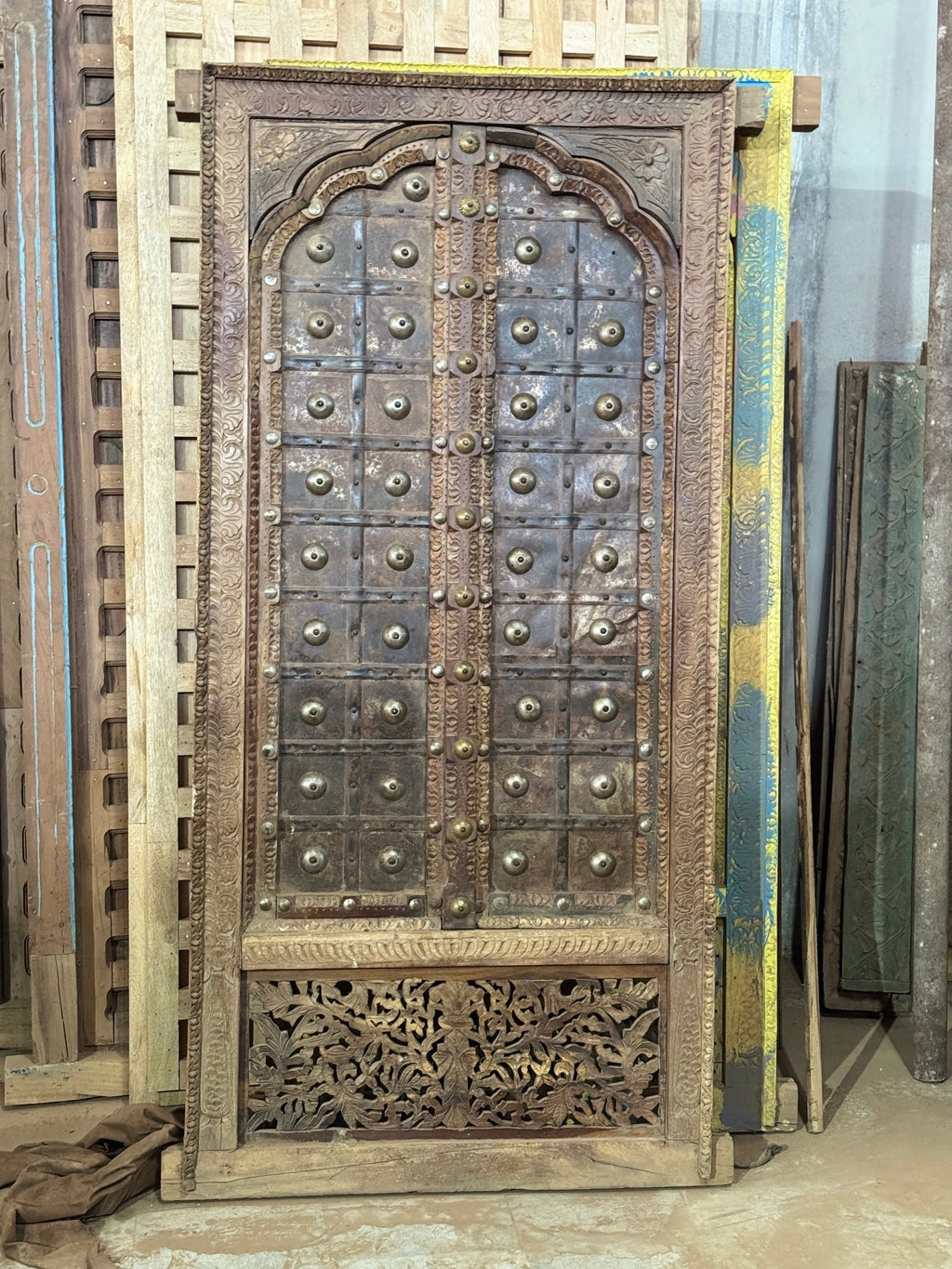 Rudra Hand-Carved Studded Wooden Door Panel with Jali Base - DOBRI ARTS AU