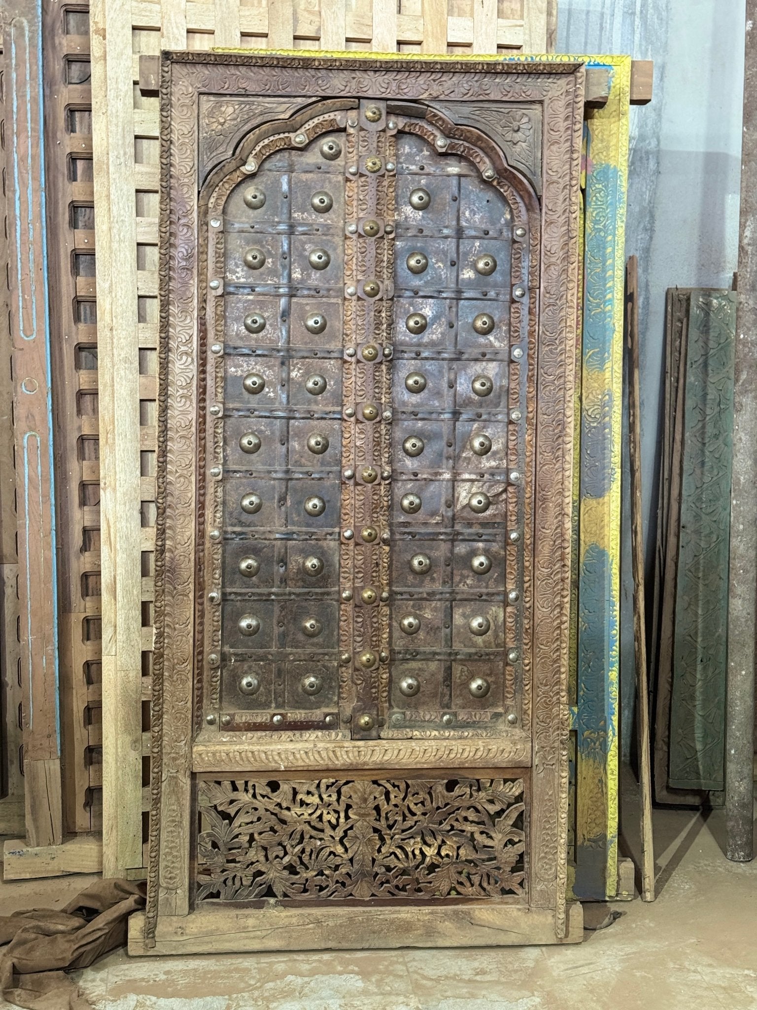 Rudra Hand-Carved Studded Wooden Door Panel with Jali Base - DOBRI ARTS AU