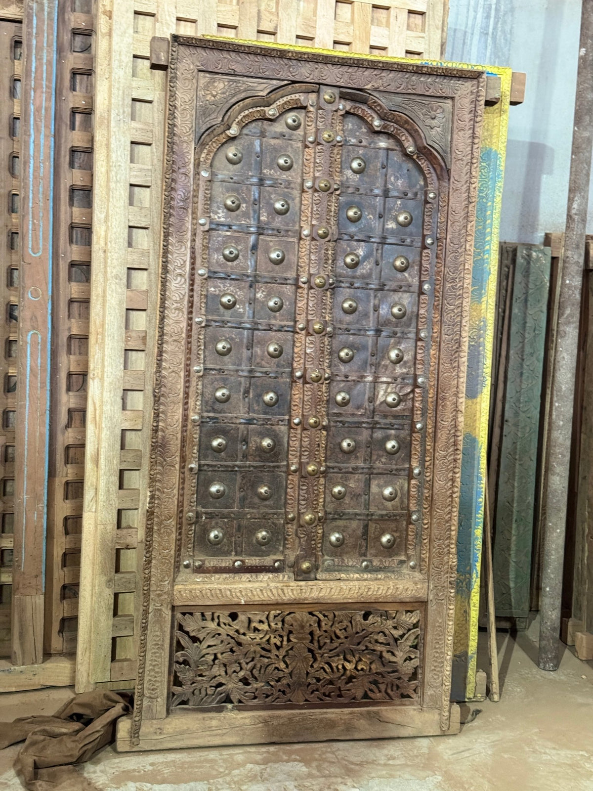 Rudra Hand-Carved Studded Wooden Door Panel with Jali Base - DOBRI ARTS AU