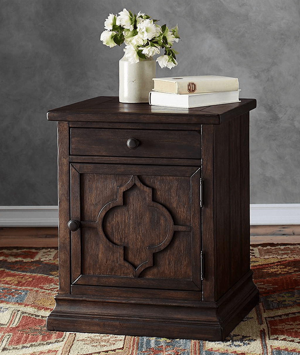 Ruhan Rustic Brown Mango Wood Bedside Table – Carved Solid Wood Nightstand with Drawer & Cabinet, Traditional Bedroom Side Table - DOBRI ARTS AU