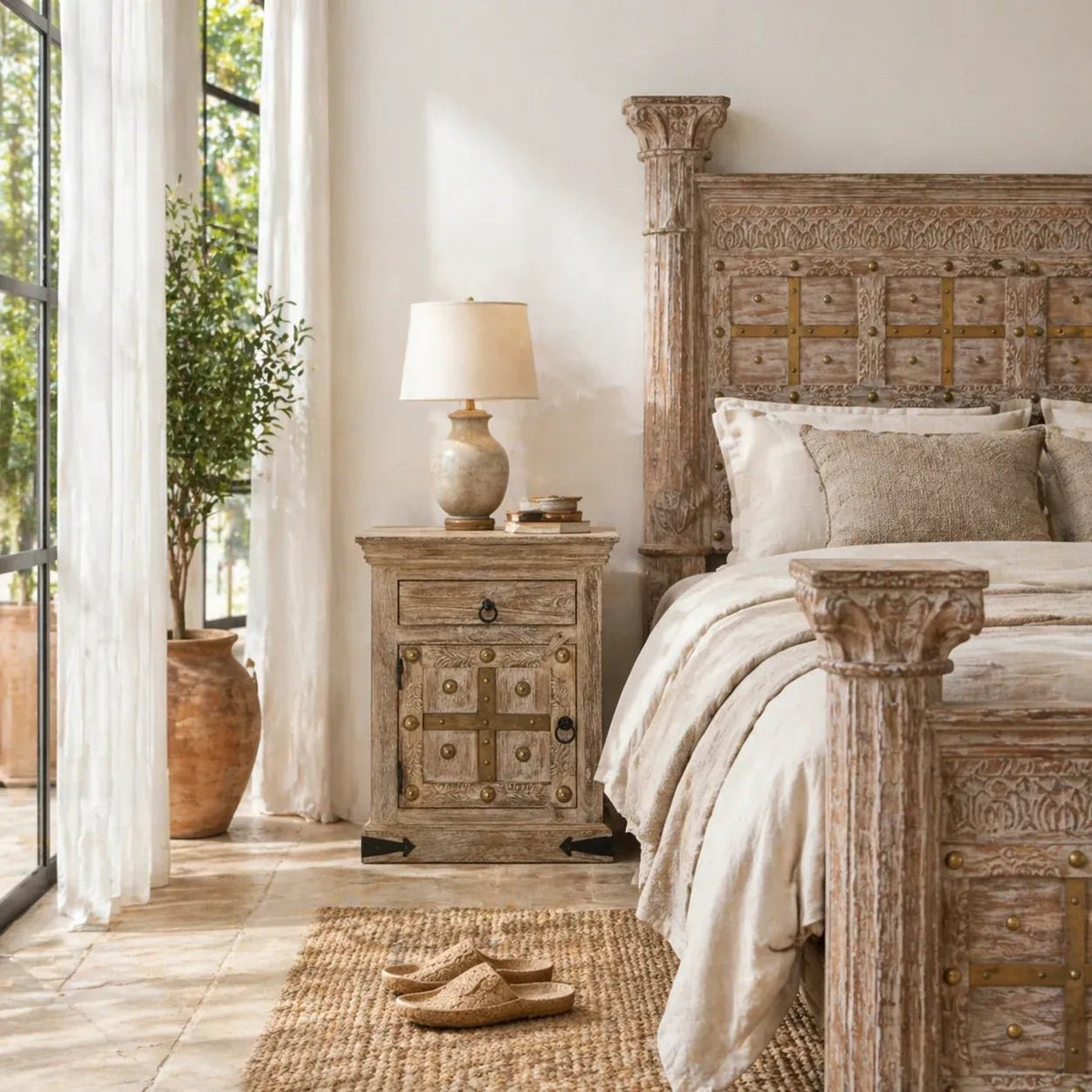 Rustic Heritage Wooden Bedside Cabinet with Brass Stud Detailing - DOBRI ARTS AU
