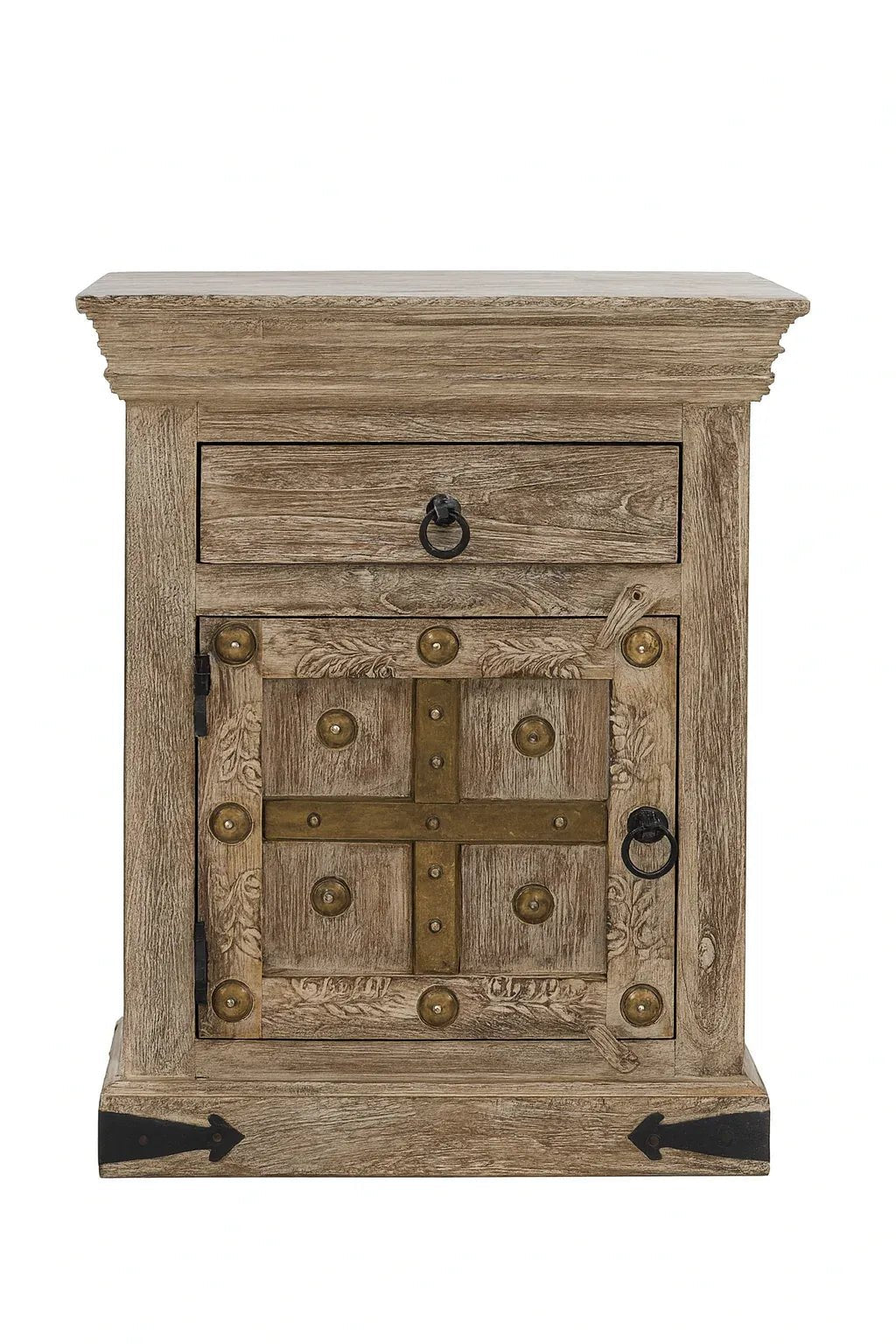 Rustic Heritage Wooden Bedside Cabinet with Brass Stud Detailing - DOBRI ARTS AU