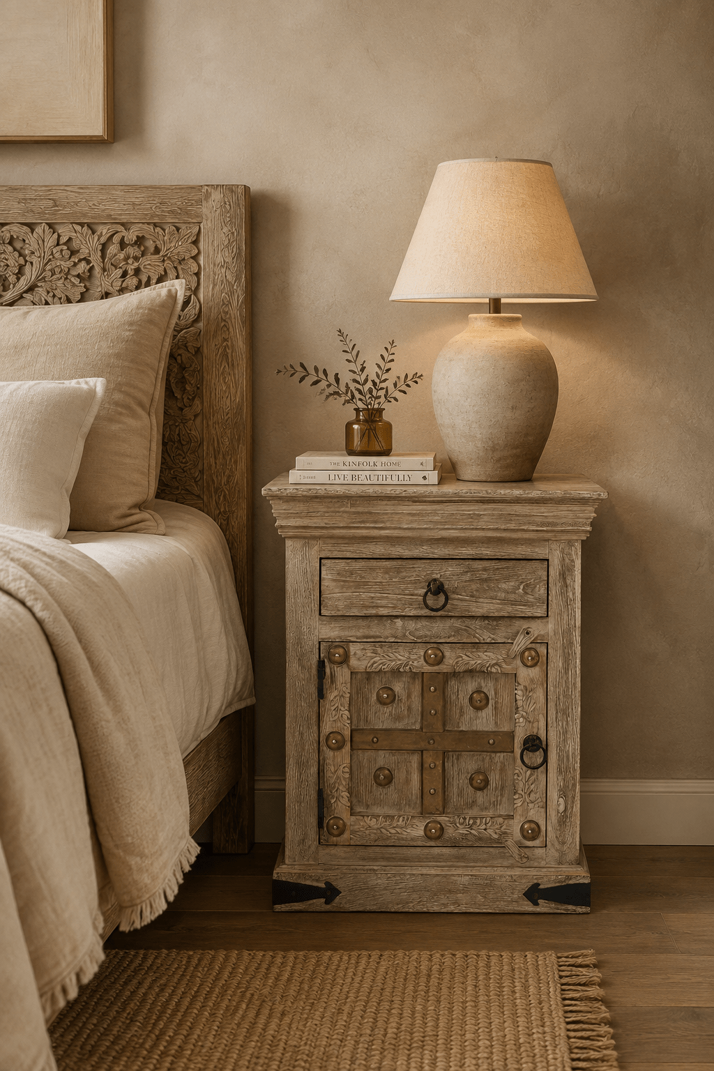 Rustic Heritage Wooden Bedside Cabinet with Brass Stud Detailing - DOBRI ARTS AU