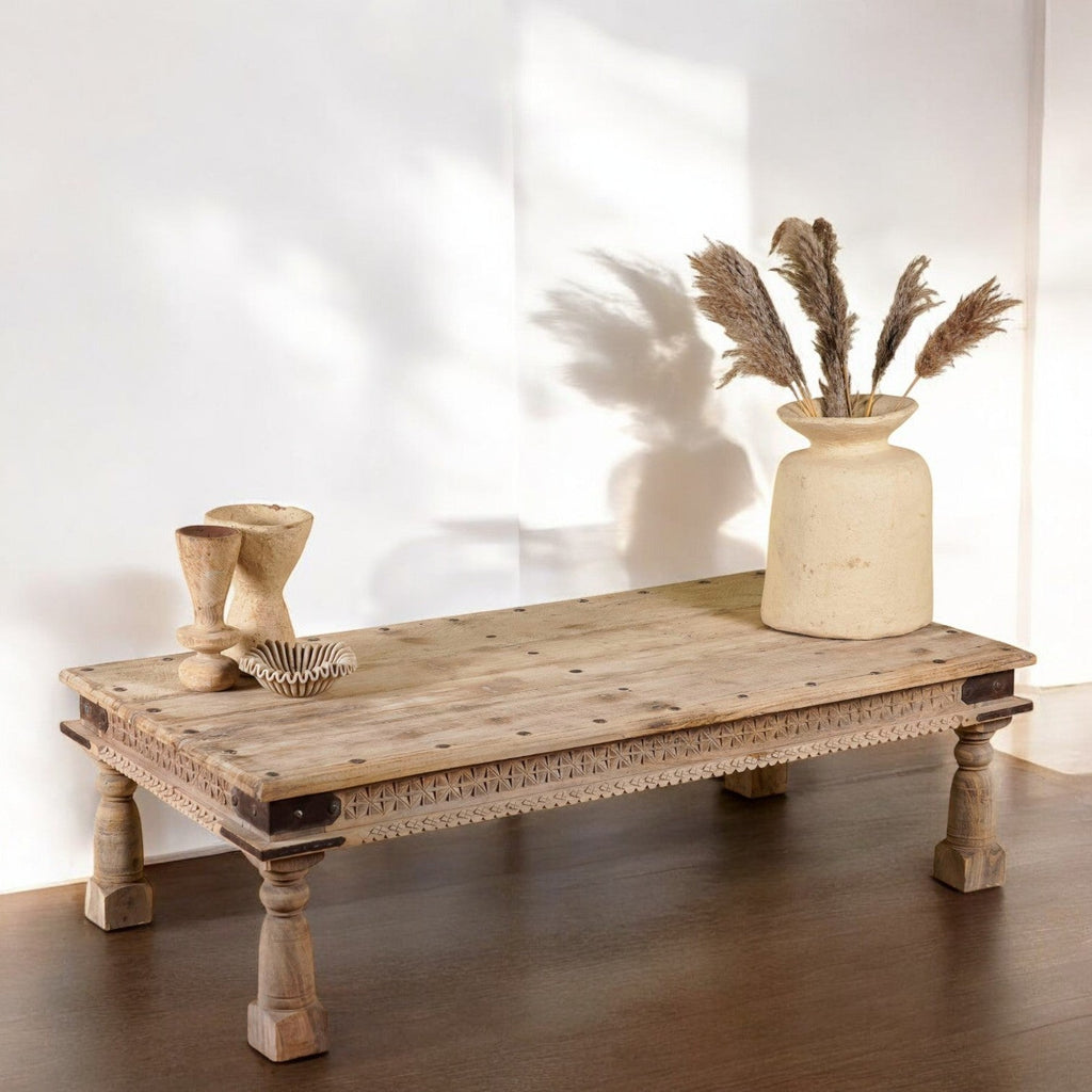Rustic Solid Wood Coffee Table with Traditional Block Detailing - DOBRI ARTS AU