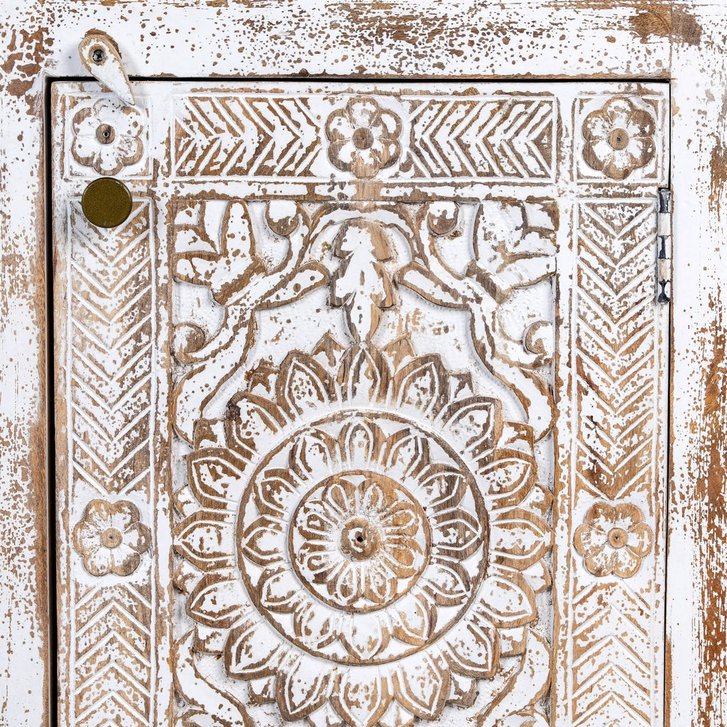 Rustic Whitewashed Floral Carved Bedside Cabinet - DOBRI ARTS AU
