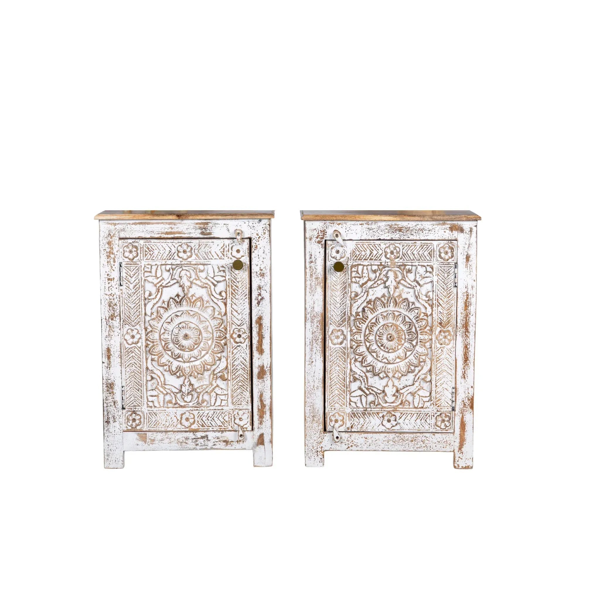 Rustic Whitewashed Floral Carved Bedside Cabinet - DOBRI ARTS AU
