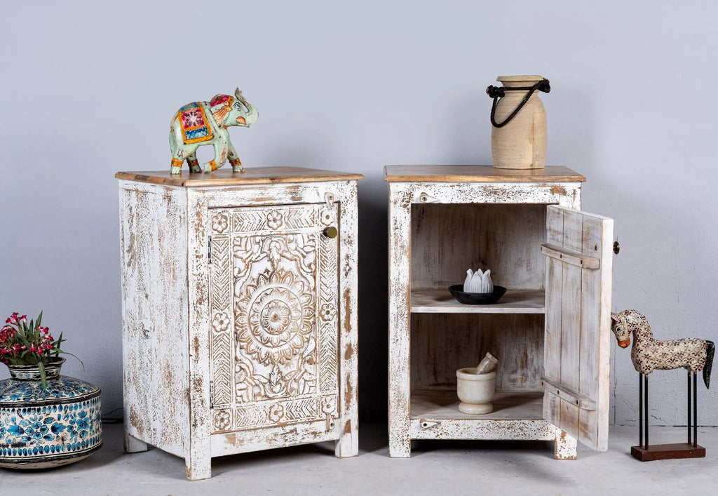 Rustic Whitewashed Floral Carved Bedside Cabinet - DOBRI ARTS AU