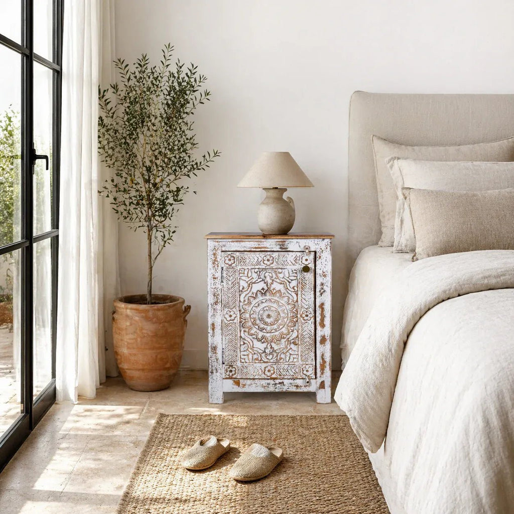 Rustic Whitewashed Floral Carved Bedside Cabinet - DOBRI ARTS AU