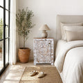 Rustic Whitewashed Floral Carved Bedside Cabinet - DOBRI ARTS AU