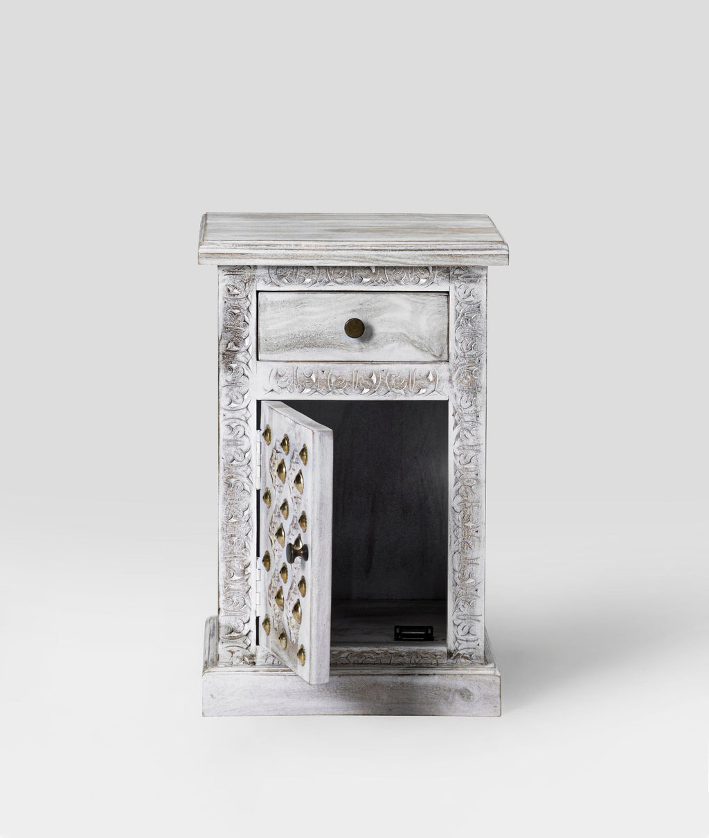 Rutvika Bakhara Distressed Antique White Sheesham Bedside Table – Hand-Carved Solid Wood Nightstand with Drawer & Cabinet - DOBRI ARTS AU