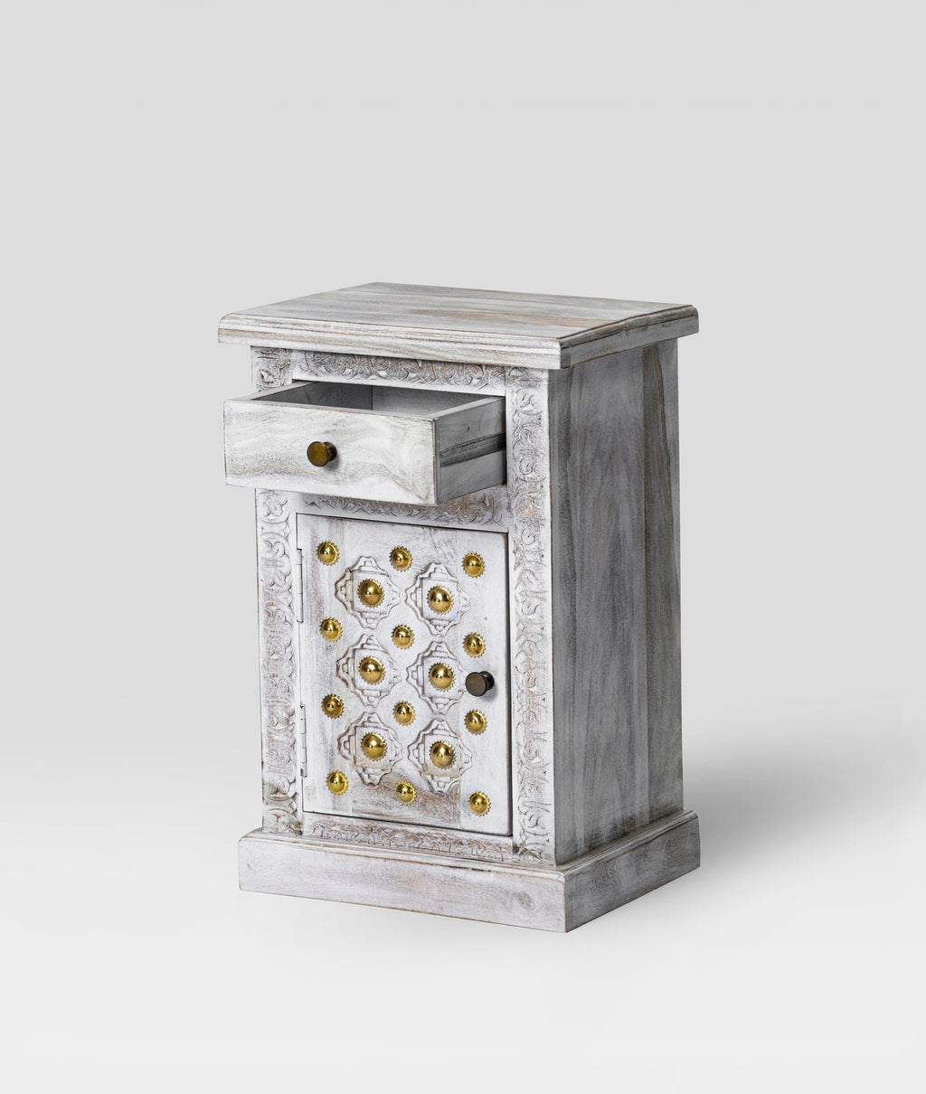 Rutvika Bakhara Distressed Antique White Sheesham Bedside Table – Hand-Carved Solid Wood Nightstand with Drawer & Cabinet - DOBRI ARTS AU