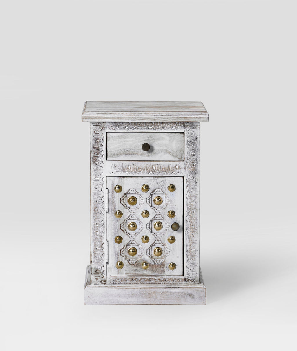 Rutvika Bakhara Distressed Antique White Sheesham Bedside Table – Hand-Carved Solid Wood Nightstand with Drawer & Cabinet - DOBRI ARTS AU