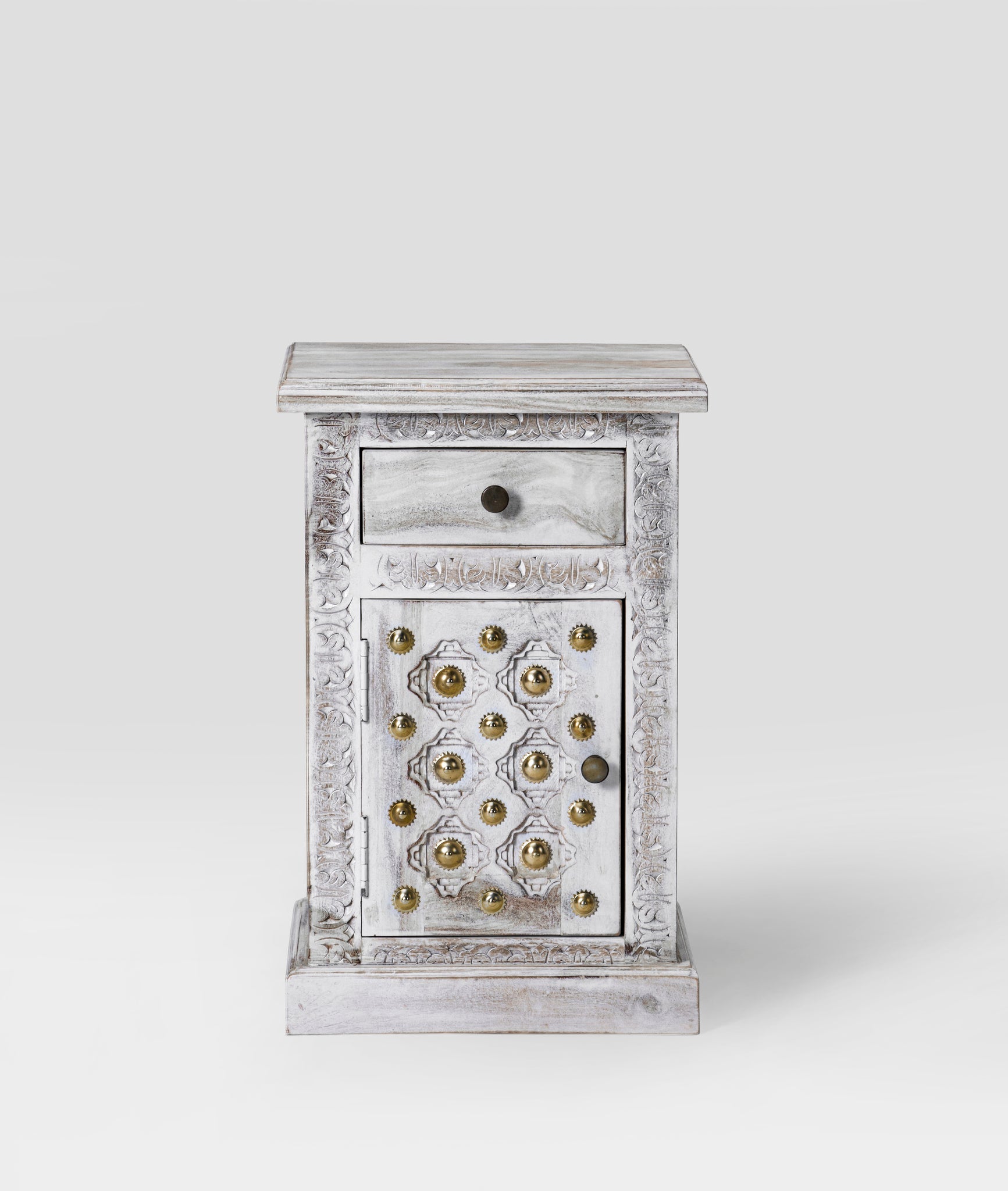 Rutvika Bakhara Distressed Antique White Sheesham Bedside Table – Hand-Carved Solid Wood Nightstand with Drawer & Cabinet - DOBRI ARTS AU