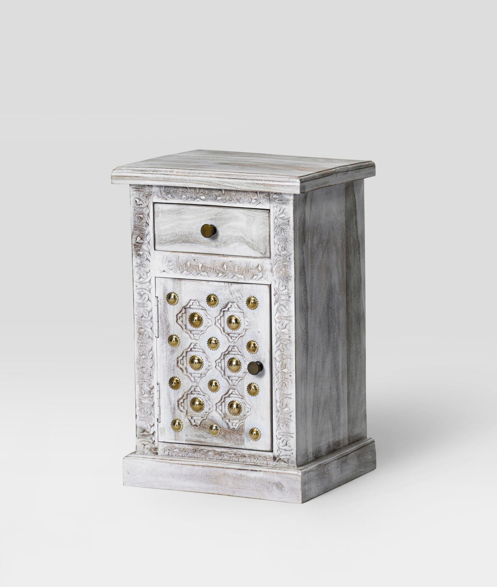 Rutvika Bakhara Distressed Antique White Sheesham Bedside Table – Hand-Carved Solid Wood Nightstand with Drawer & Cabinet - DOBRI ARTS AU