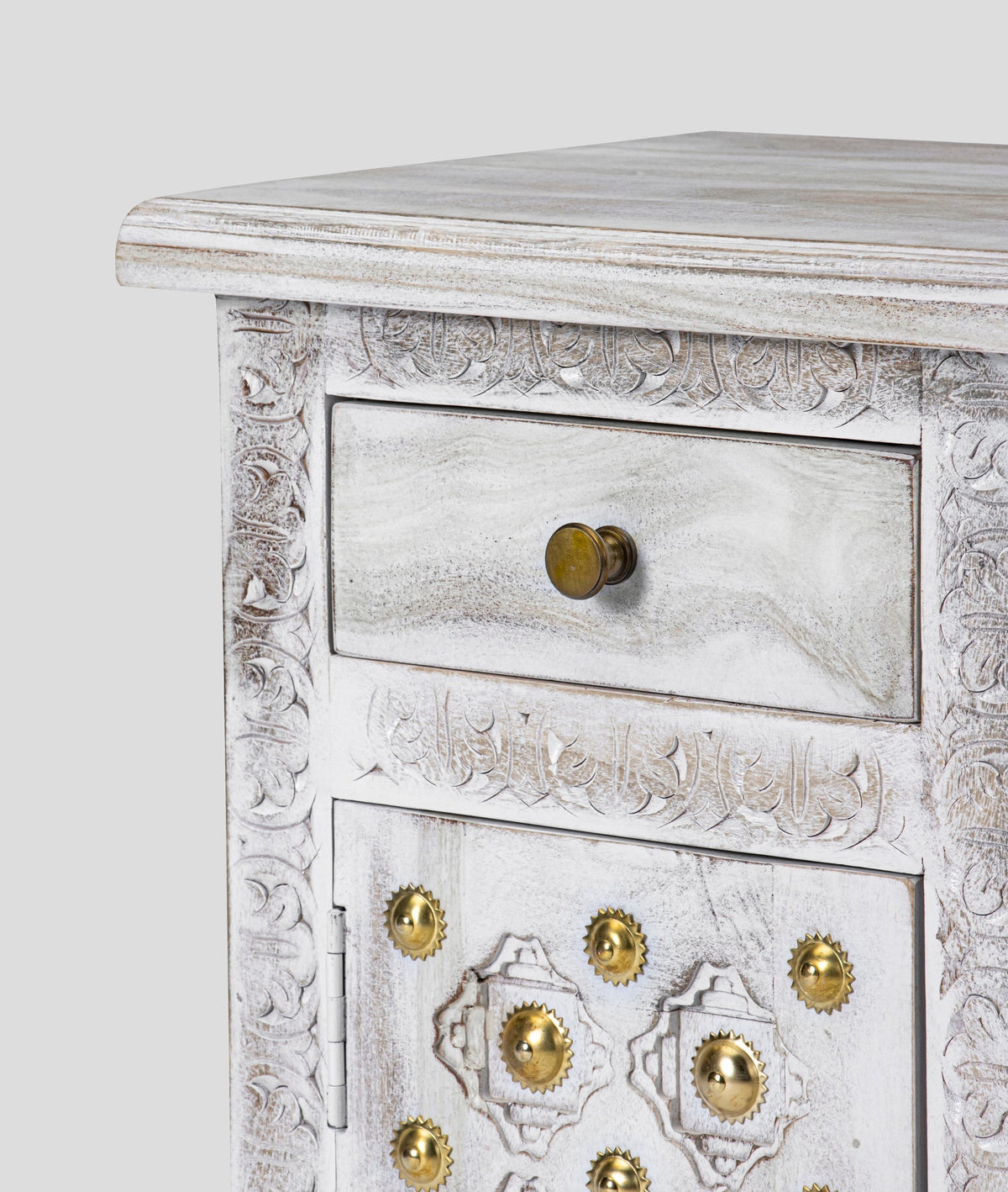 Rutvika Bakhara Distressed Antique White Sheesham Bedside Table – Hand-Carved Solid Wood Nightstand with Drawer & Cabinet - DOBRI ARTS AU