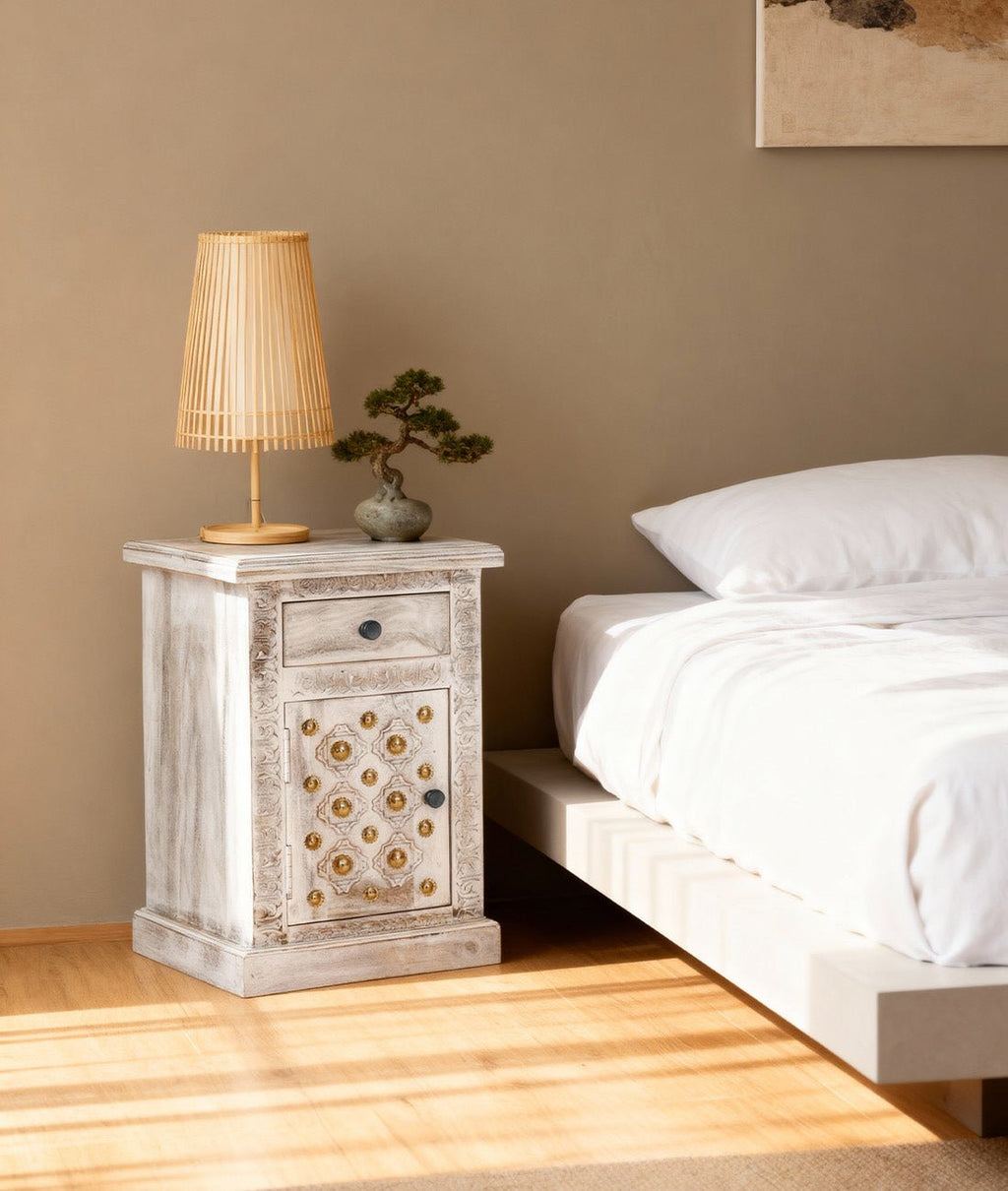 Rutvika Bakhara Distressed Antique White Sheesham Bedside Table – Hand-Carved Solid Wood Nightstand with Drawer & Cabinet - DOBRI ARTS AU