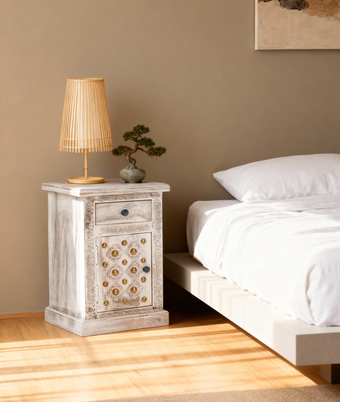 Rutvika Bakhara Distressed Antique White Sheesham Bedside Table – Hand-Carved Solid Wood Nightstand with Drawer & Cabinet - DOBRI ARTS AU
