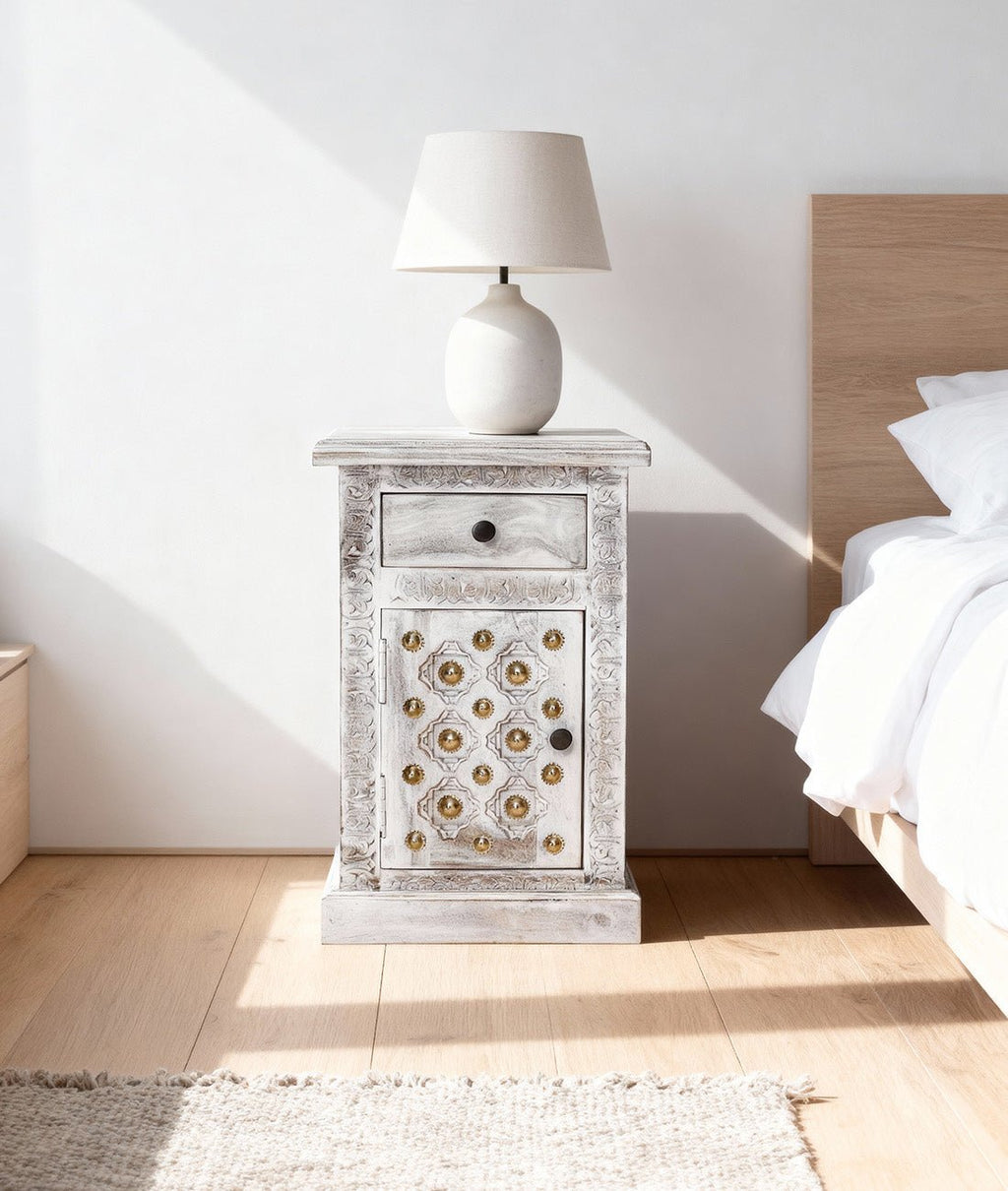 Rutvika Bakhara Distressed Antique White Sheesham Bedside Table – Hand-Carved Solid Wood Nightstand with Drawer & Cabinet - DOBRI ARTS AU