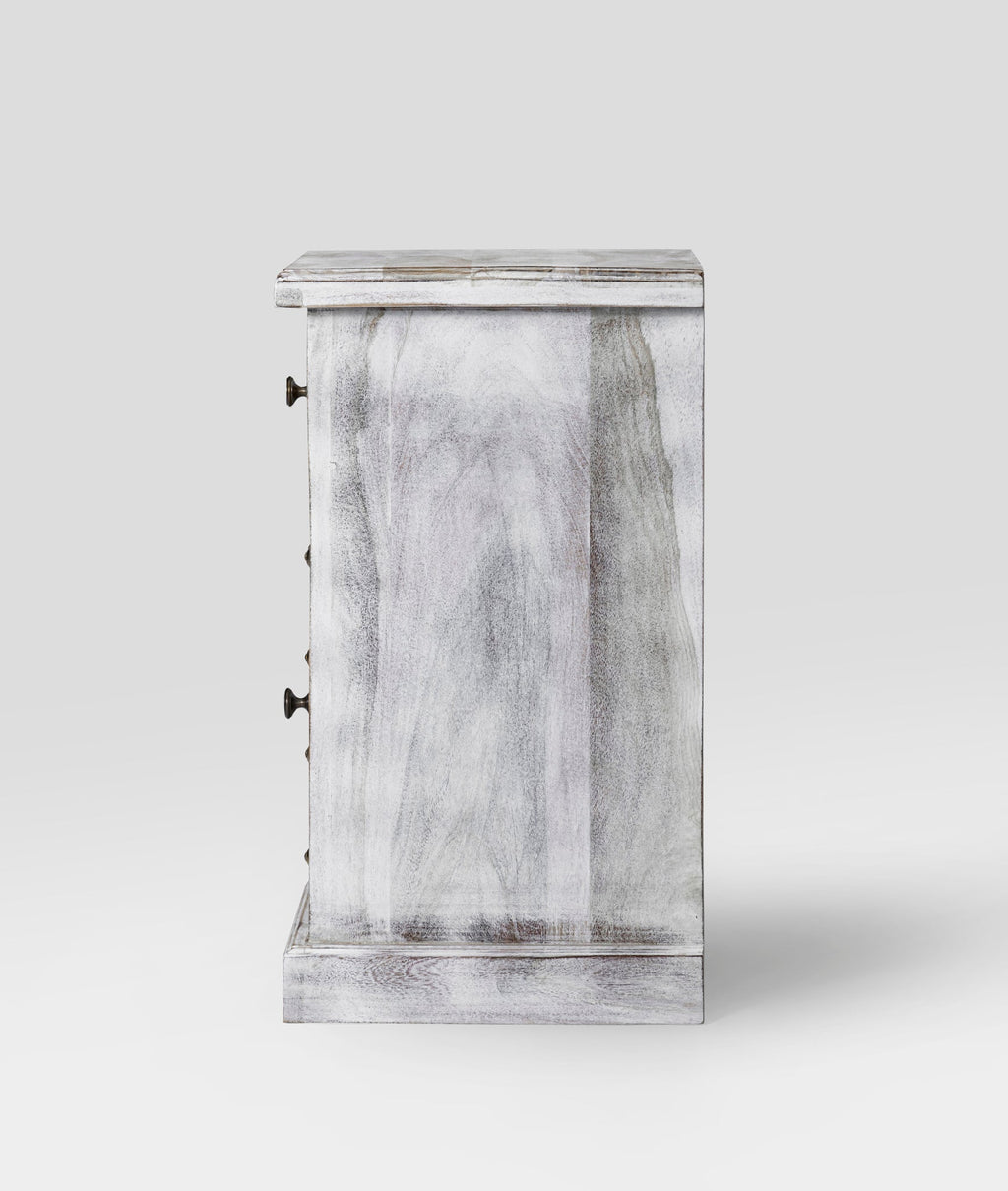 Rutvika Bakhara Distressed Antique White Sheesham Bedside Table – Hand-Carved Solid Wood Nightstand with Drawer & Cabinet - DOBRI ARTS AU
