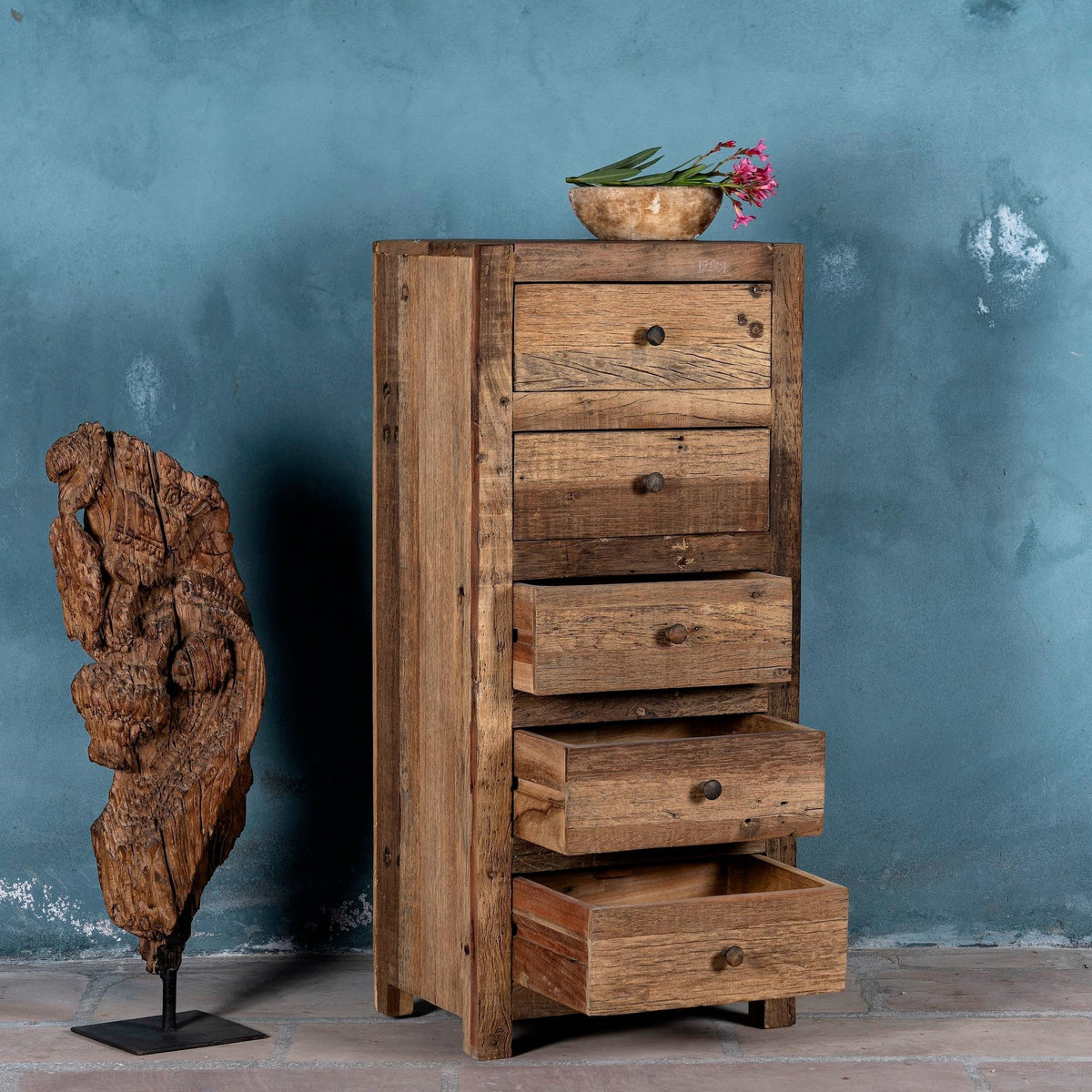 Saanvi Tall Rustic Wooden Chest of Drawers - DOBRI ARTS AU