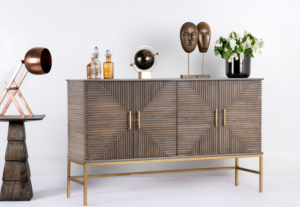 Sahishnu Geometric Ribbed Wood Dresser with Brass Base - DOBRI ARTS AU