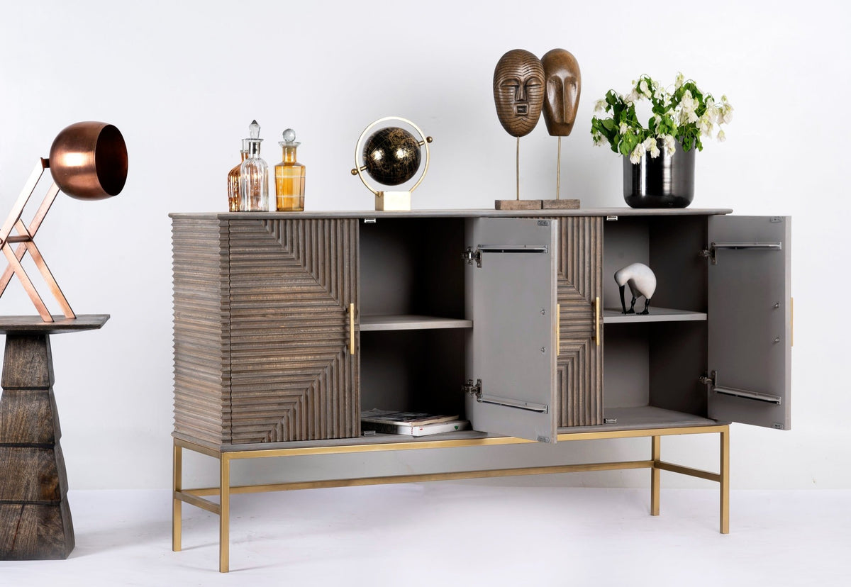 Sahishnu Geometric Ribbed Wood Dresser with Brass Base - DOBRI ARTS AU