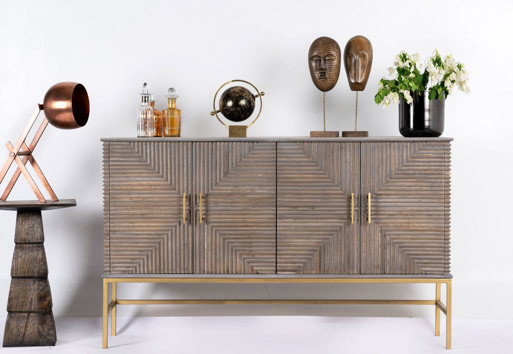 Sahishnu Geometric Ribbed Wood Dresser with Brass Base - DOBRI ARTS AU