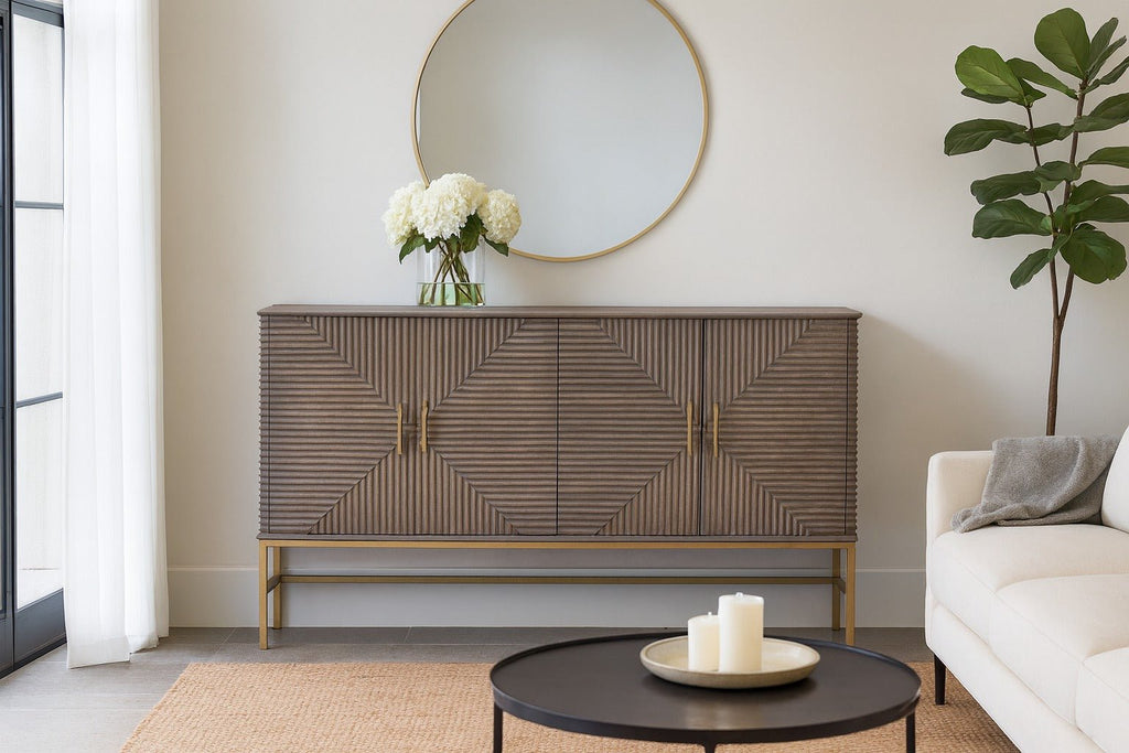 Sahishnu Geometric Ribbed Wood Dresser with Brass Base - DOBRI ARTS AU