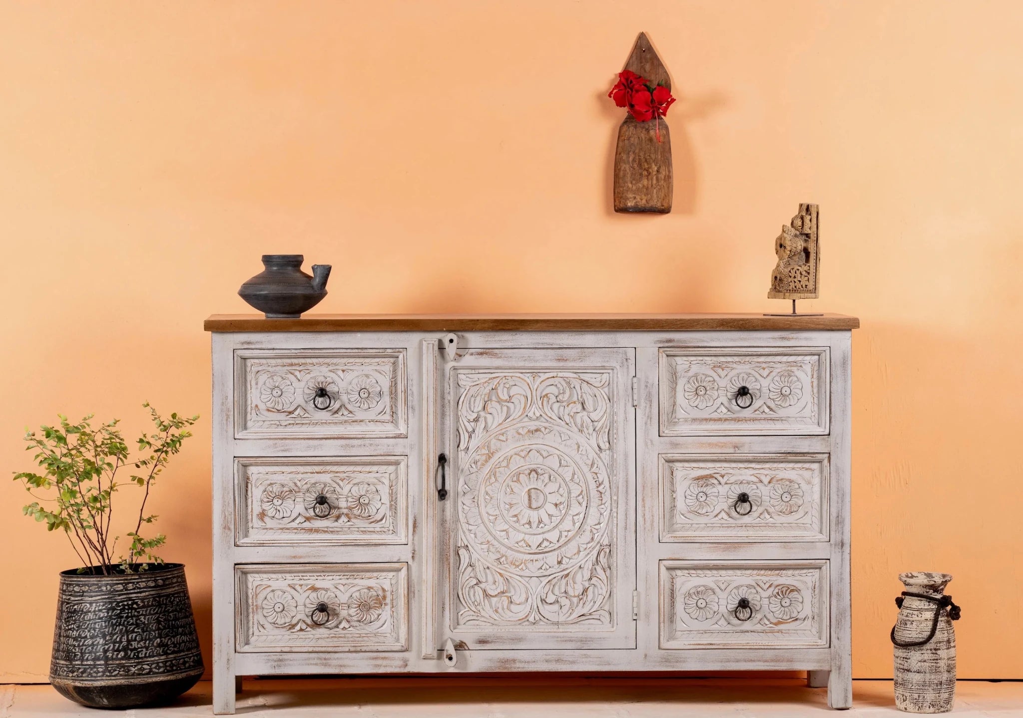 Sai White Washed Carved Mango Wood Sideboard - DOBRI ARTS AU