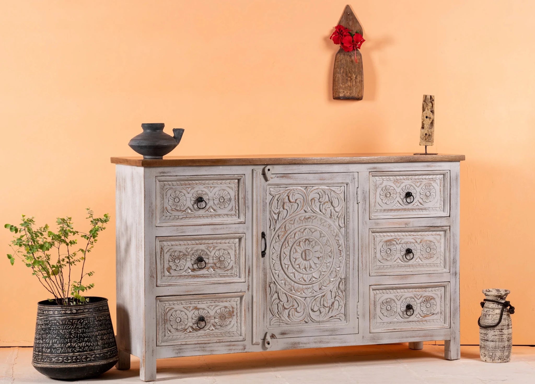 Sai White Washed Carved Mango Wood Sideboard - DOBRI ARTS AU