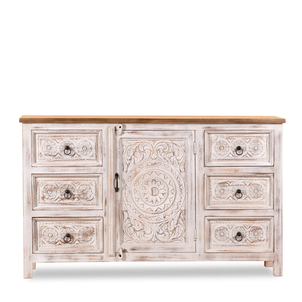 Sai White Washed Carved Mango Wood Sideboard - DOBRI ARTS AU