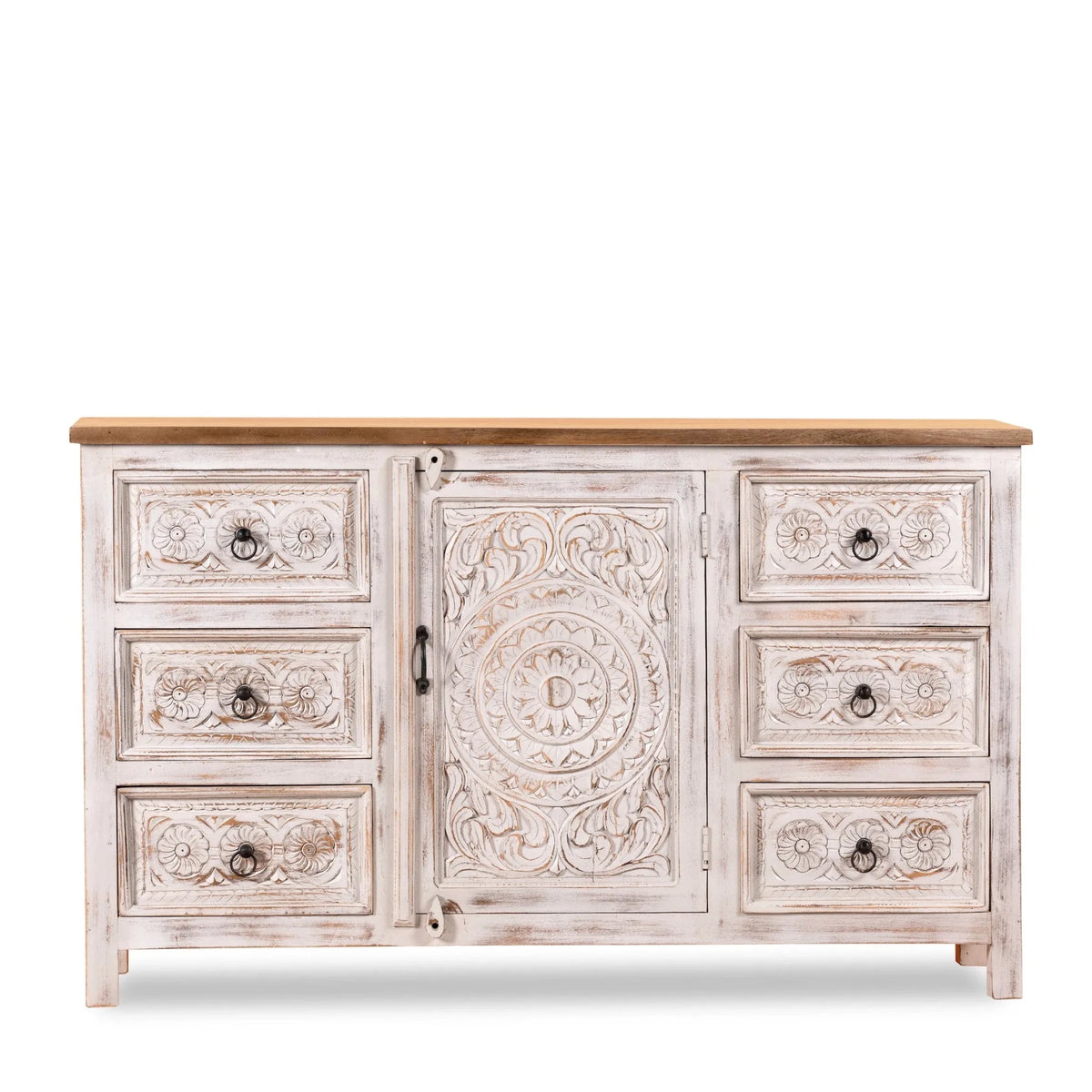 Sai White Washed Carved Mango Wood Sideboard - DOBRI ARTS AU