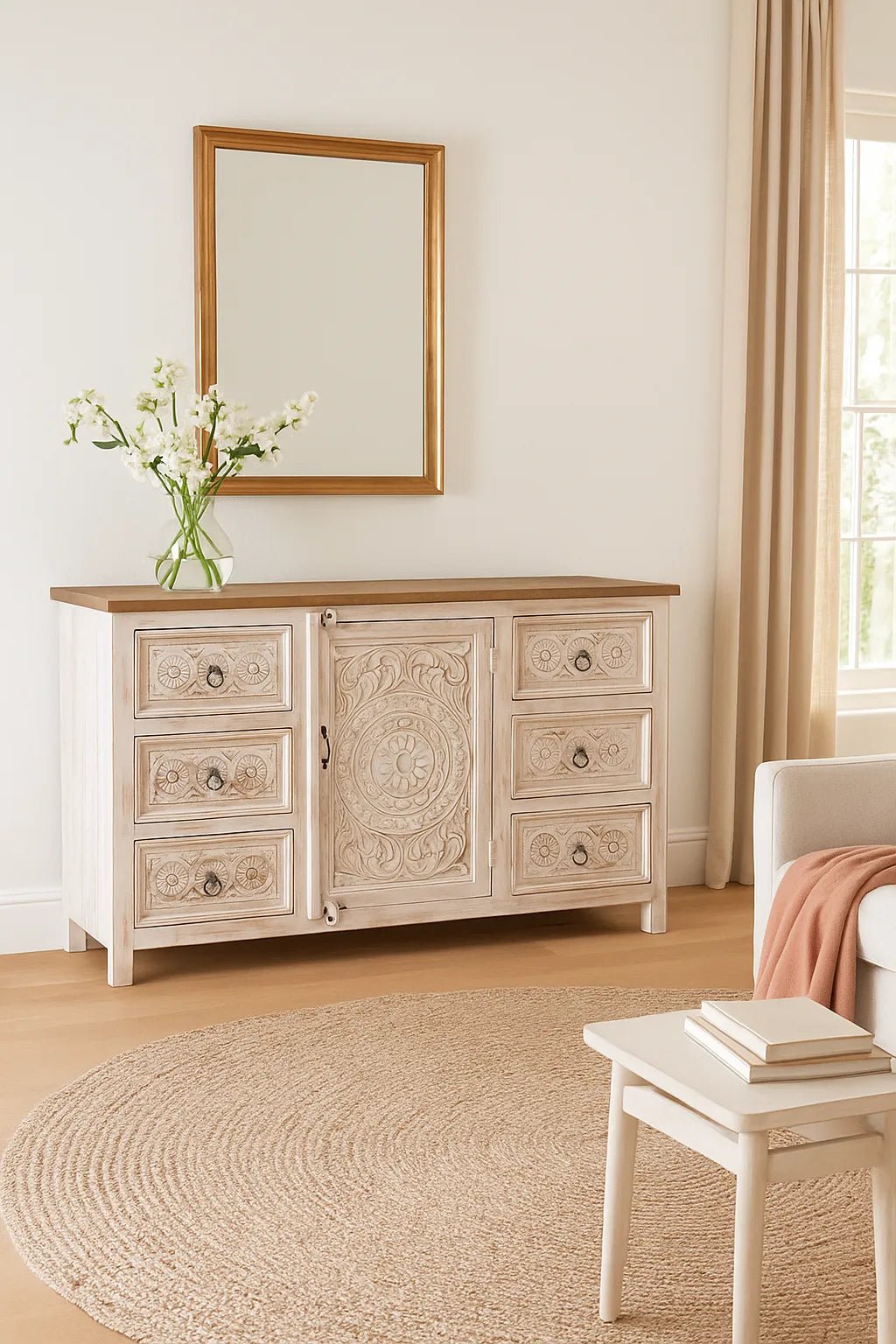 Sai White Washed Carved Mango Wood Sideboard - DOBRI ARTS AU