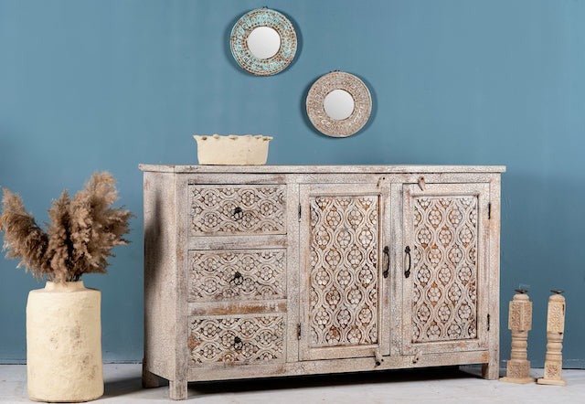 Sarahan Distressed Carved Mango Wood Sideboard - DOBRI ARTS AU