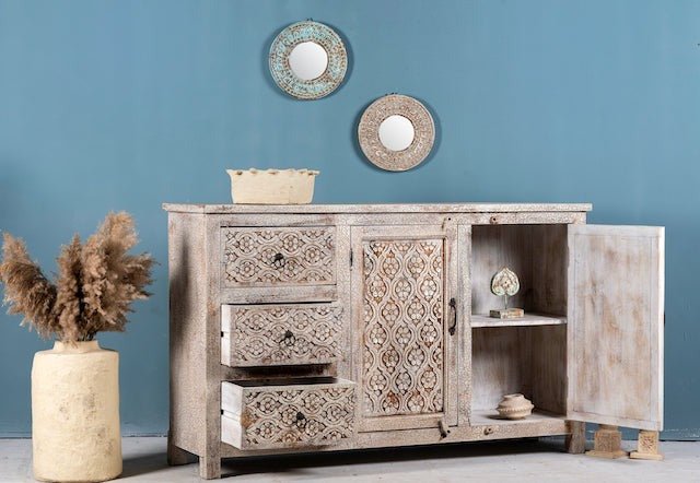 Sarahan Distressed Carved Mango Wood Sideboard - DOBRI ARTS AU