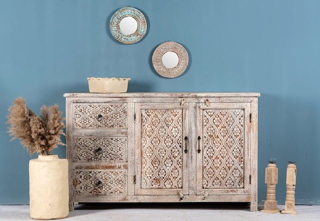 Sarahan Distressed Carved Mango Wood Sideboard - DOBRI ARTS AU