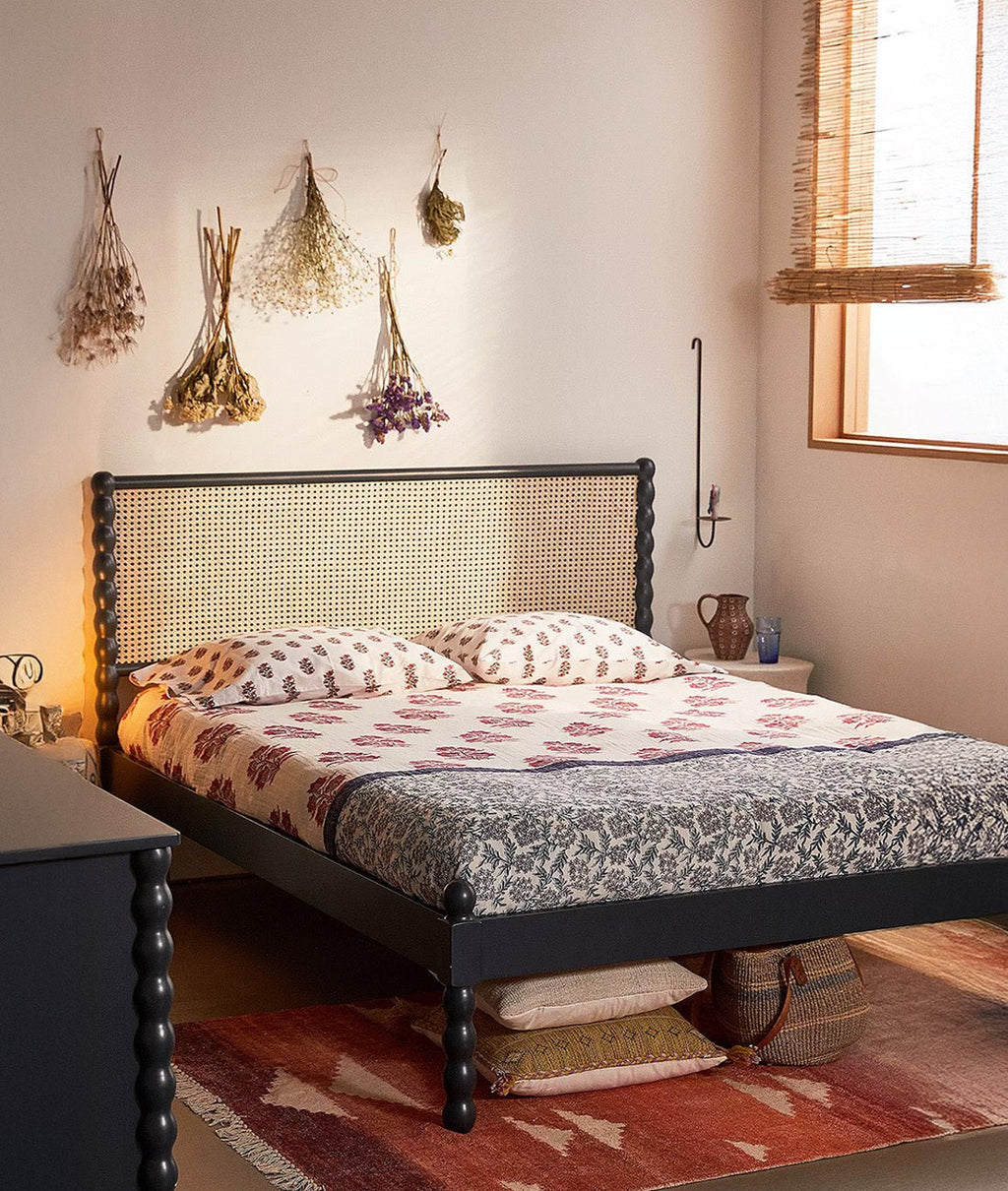 Savannah Cane Rattan Bed – Solid Wood Turned Spindle Post Bed Frame with Woven Headboard - DOBRI ARTS AU