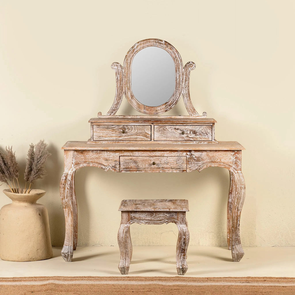Seraphine Distressed Vanity Set with Mirror & Stool - DOBRI ARTS AU