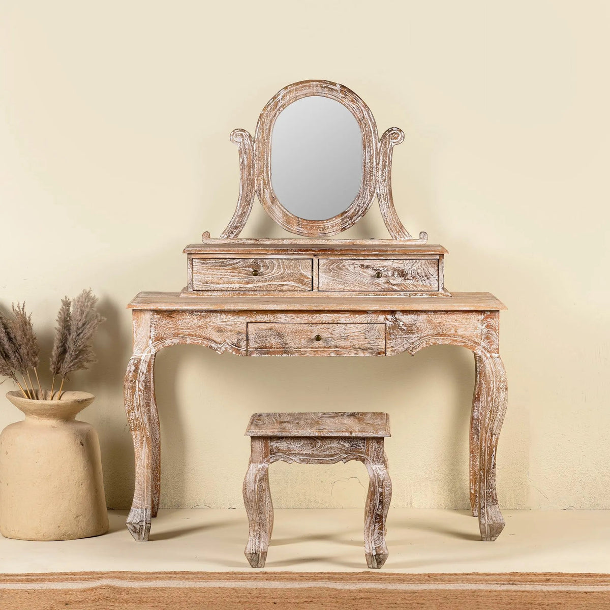Seraphine Distressed Vanity Set with Mirror & Stool - DOBRI ARTS AU