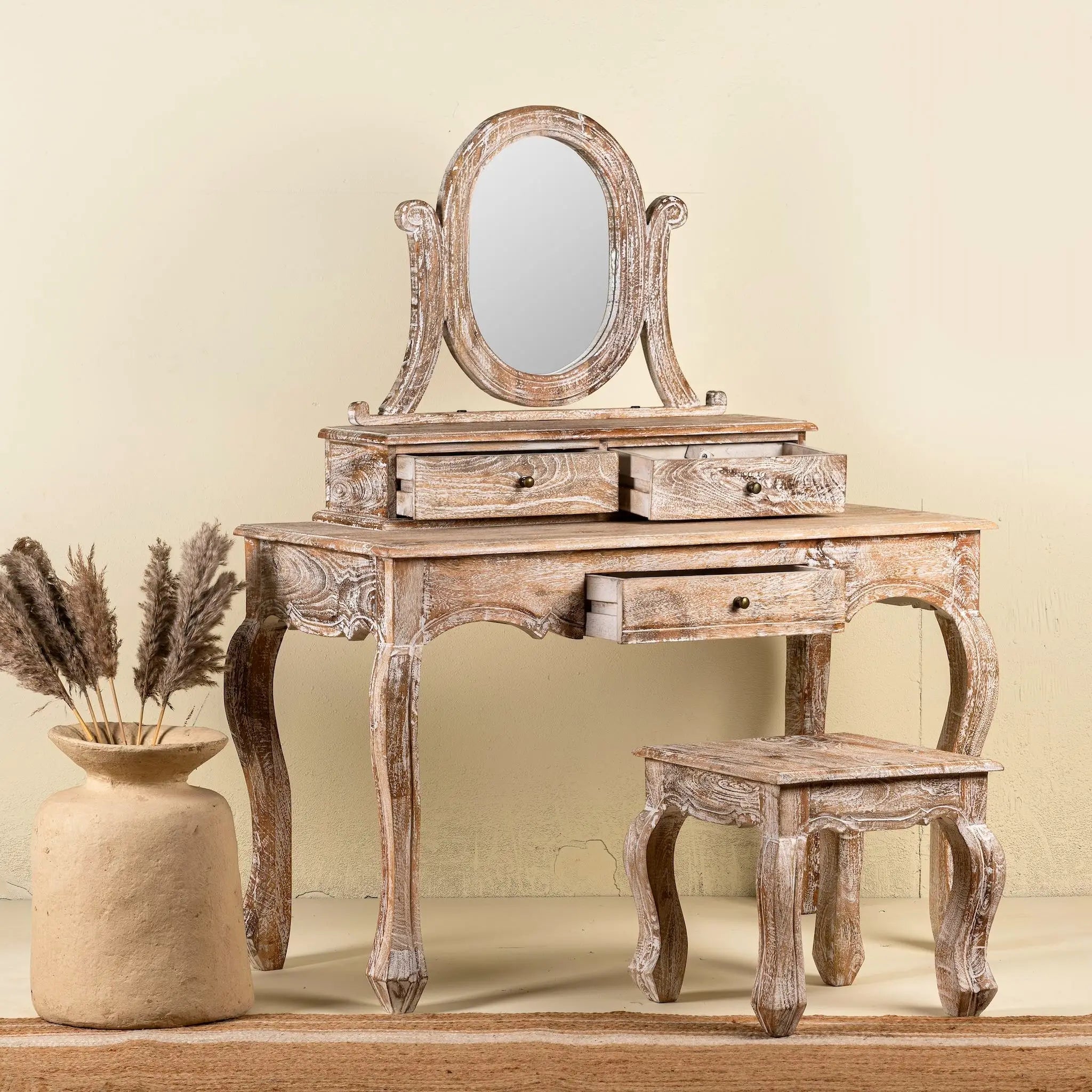 Seraphine Distressed Vanity Set with Mirror & Stool - DOBRI ARTS AU