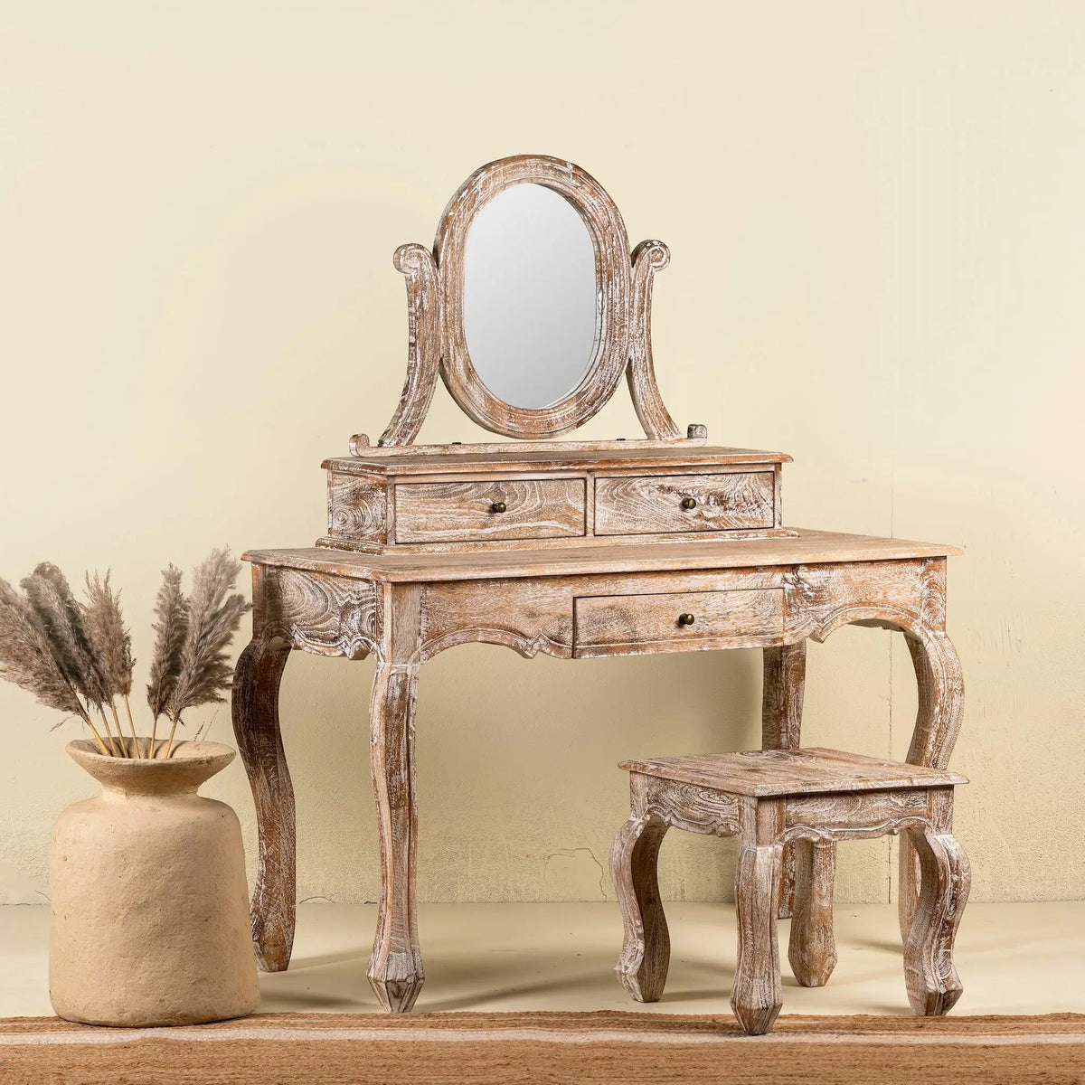 Seraphine Distressed Vanity Set with Mirror & Stool - DOBRI ARTS AU