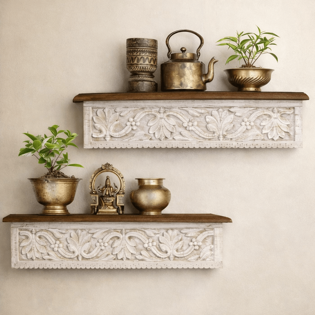 ( Set of 2 ) Whitewash Hand-Carved Floral Wooden Wall Shelf with Whitewashed Finish - DOBRI ARTS AU