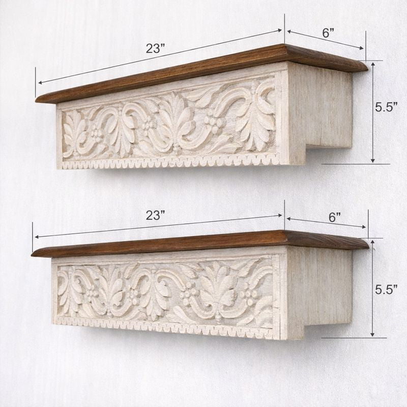 ( Set of 2 ) Whitewash Hand-Carved Floral Wooden Wall Shelf with Whitewashed Finish - DOBRI ARTS AU