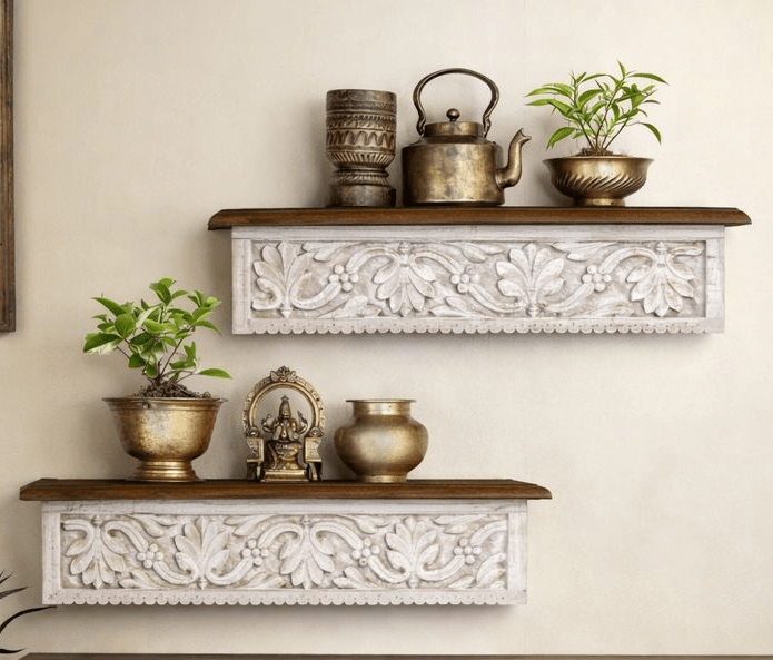 ( Set of 2 ) Whitewash Hand-Carved Floral Wooden Wall Shelf with Whitewashed Finish - DOBRI ARTS AU