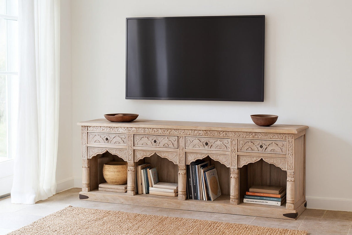 Shalena Hand-Carved Mango Wood Console Table with Arched Open Shelves - DOBRI ARTS AU