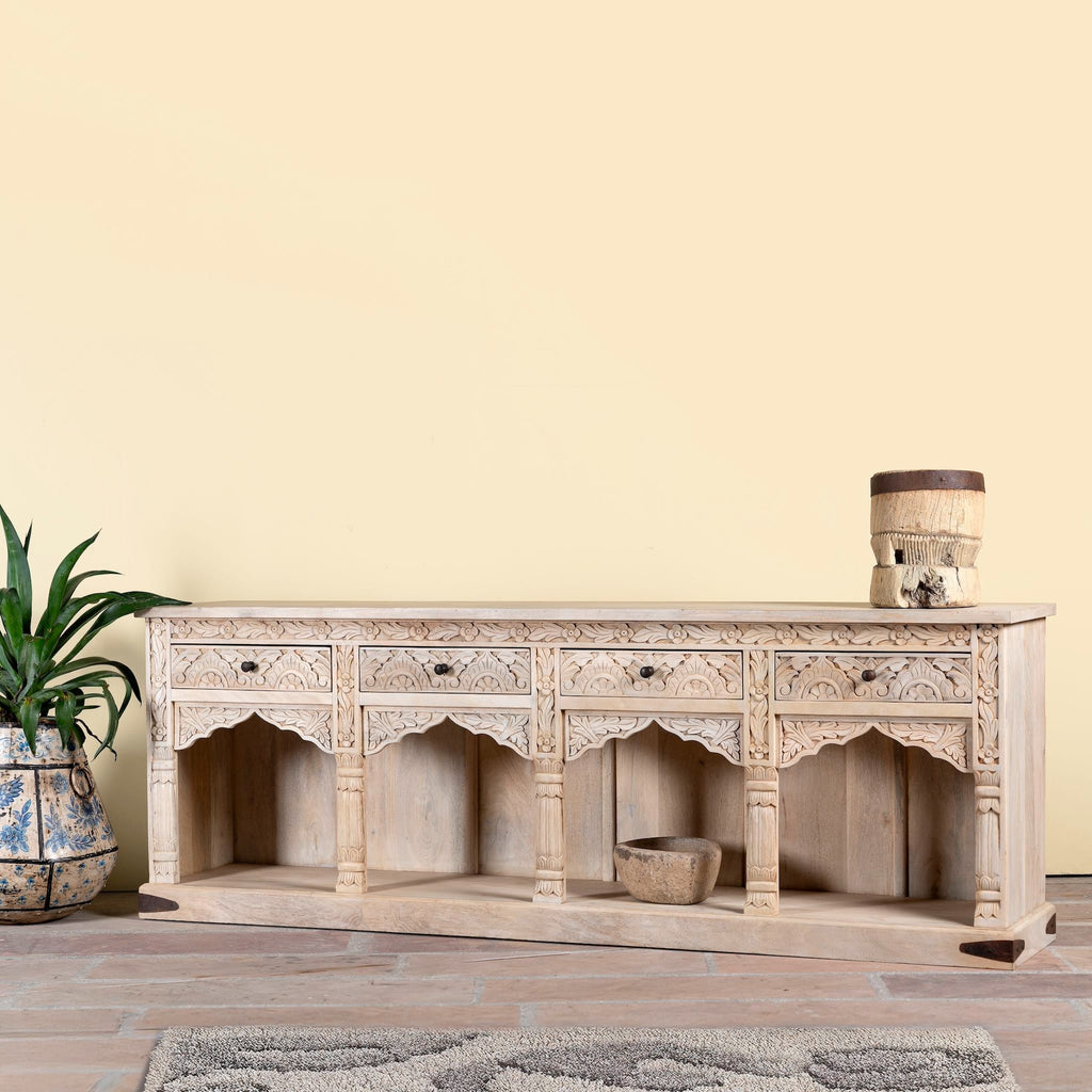 Shalena Hand-Carved Mango Wood Console Table with Arched Open Shelves - DOBRI ARTS AU