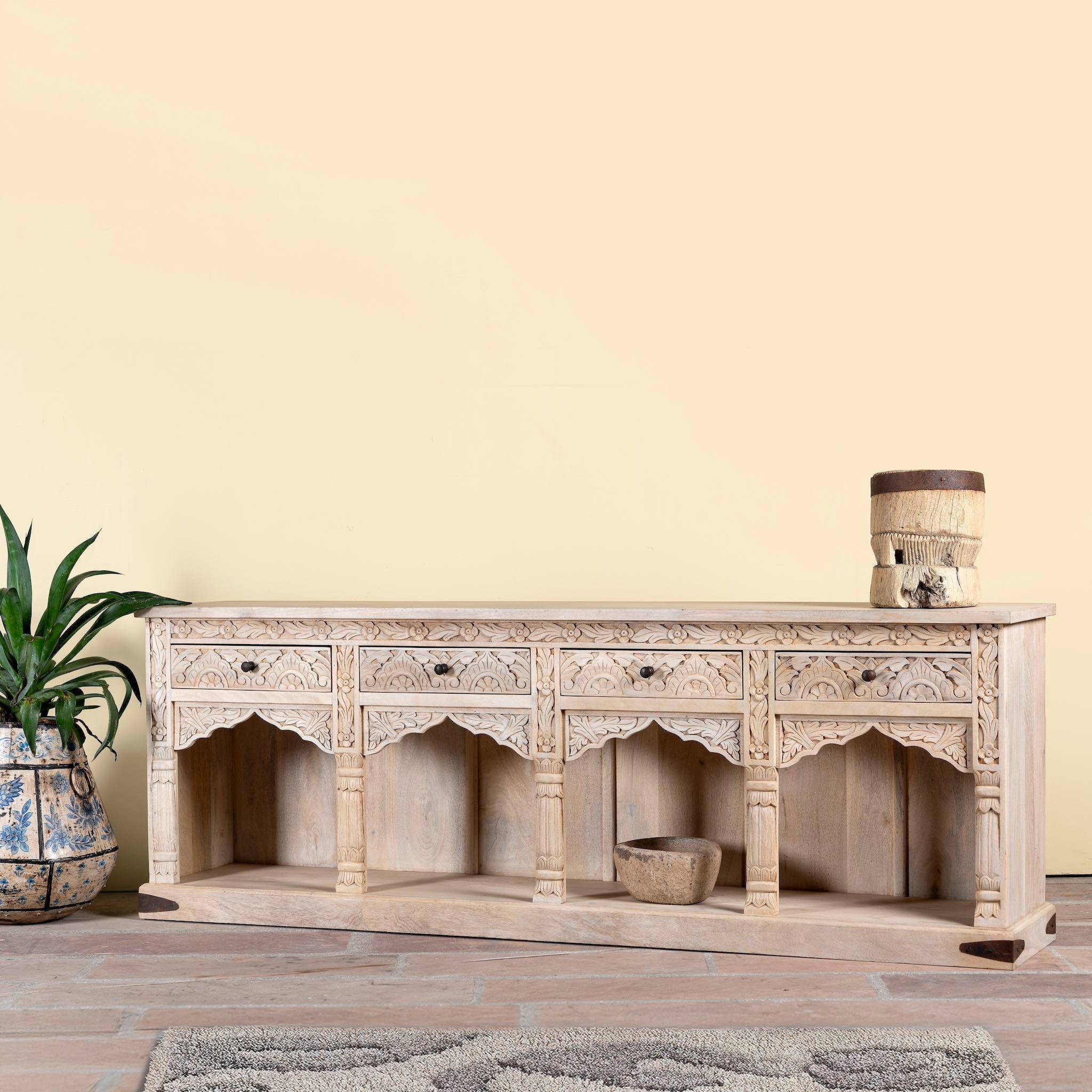 Shalena Hand-Carved Mango Wood Console Table with Arched Open Shelves - DOBRI ARTS AU