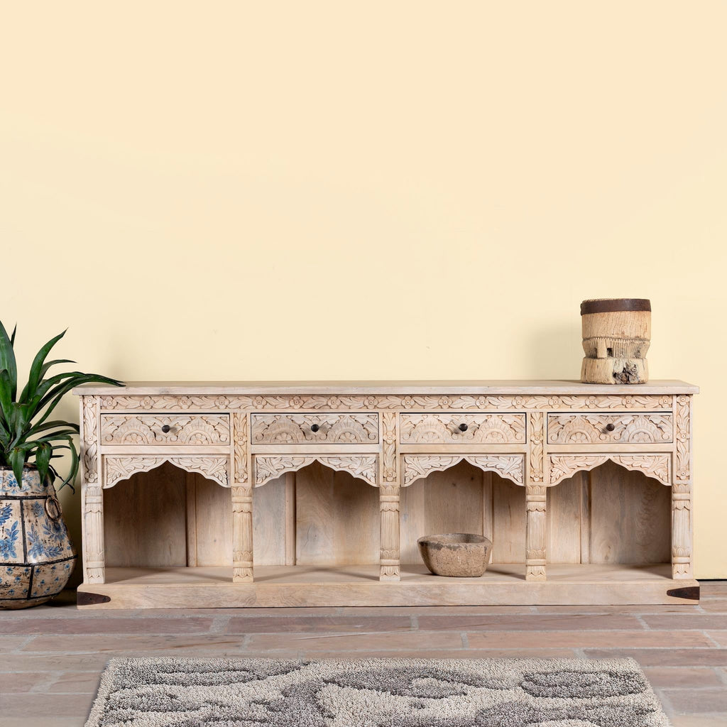 Shalena Hand-Carved Mango Wood Console Table with Arched Open Shelves - DOBRI ARTS AU