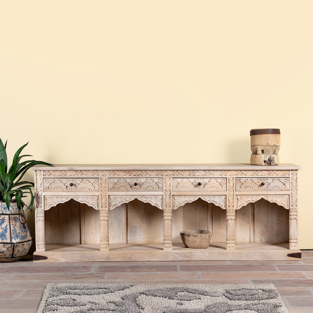 Shalena Hand-Carved Mango Wood Console Table with Arched Open Shelves - DOBRI ARTS AU